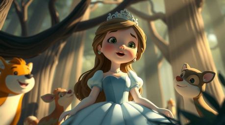A captivating vintage 2D animation featuring a princess with delicate features, portrayed from a low angle to emphasize her p