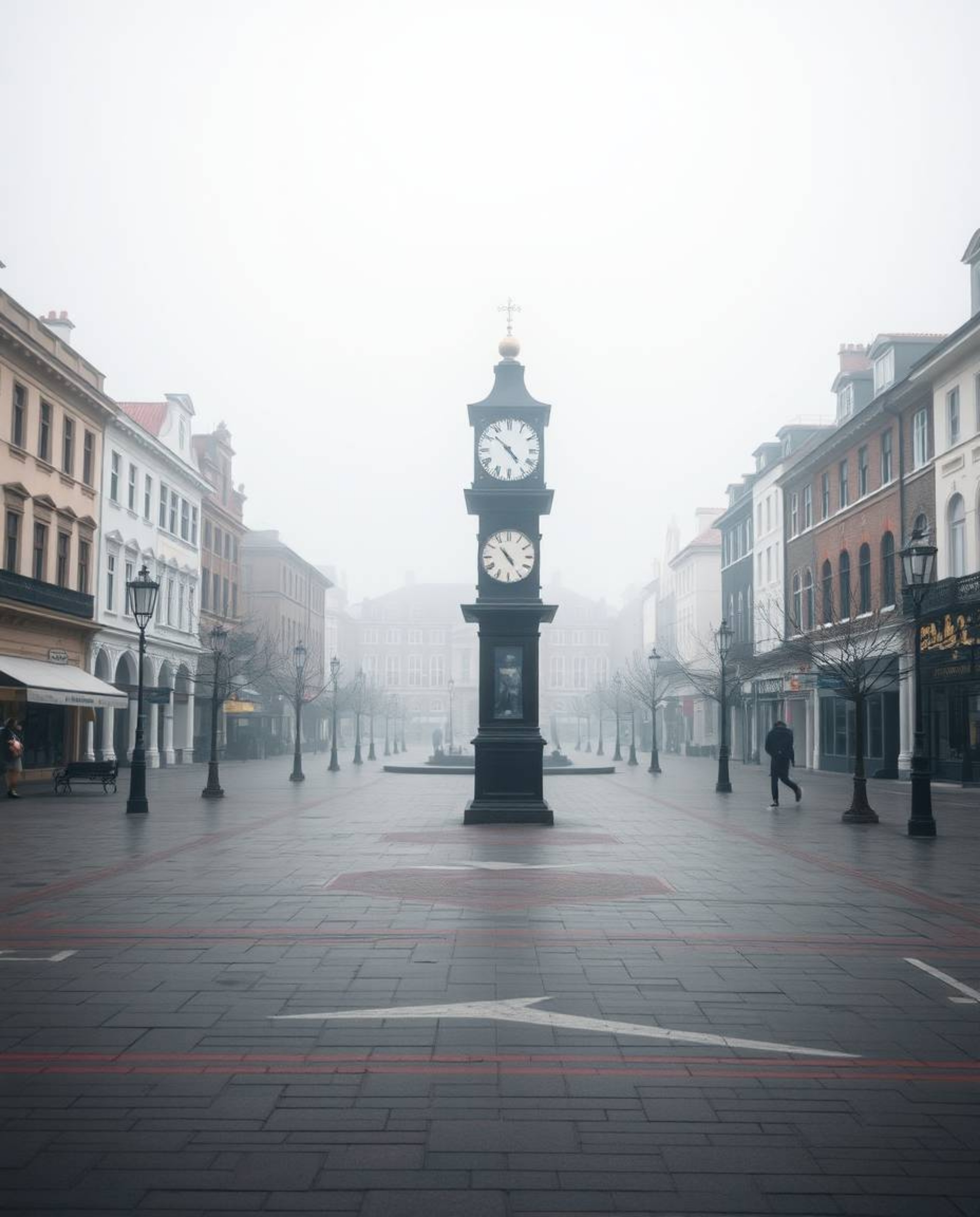 This image evokes an ethereal and spiritual vibe, depicting an empty town square with the haunting sound of ticking clocks. T