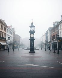 This image evokes an ethereal and spiritual vibe, depicting an empty town square with the haunting sound of ticking clocks. T