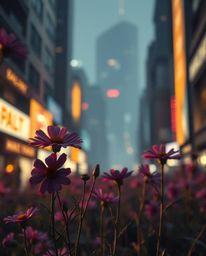 Explore the surreal juxtaposition of vibrant flowers sharply blooming amidst the ruins of a post-apocalyptic city. This image