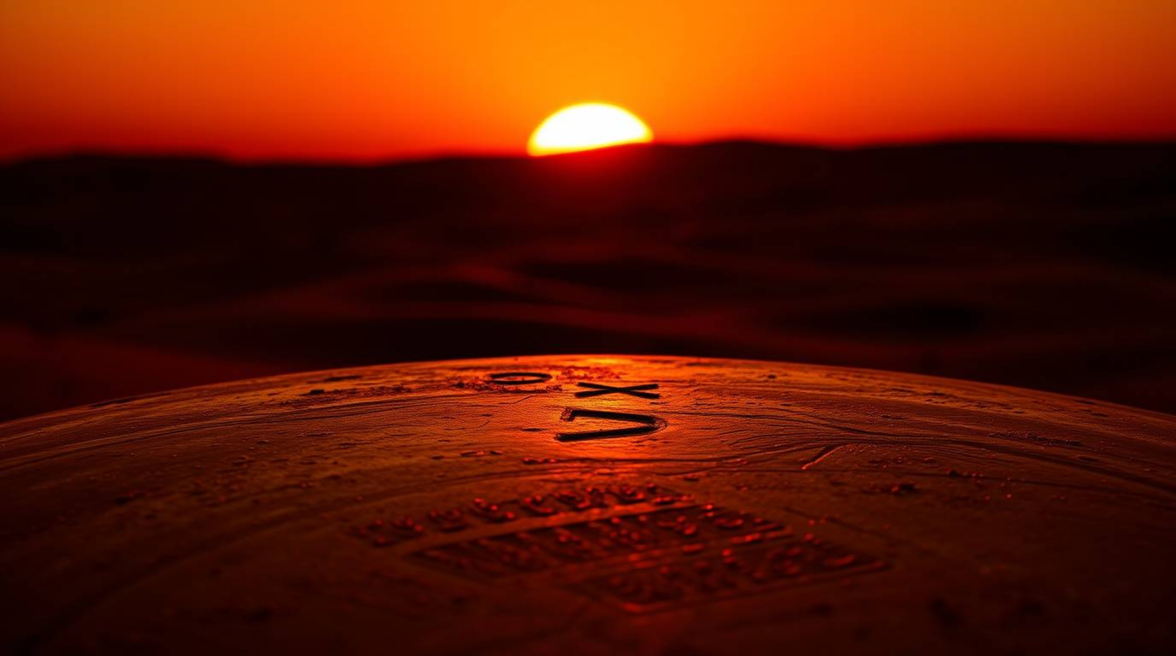 A warm cast bronze surface is silhouetted against the backdrop of a sunset over golden desert dunes. The piece boasts an anti