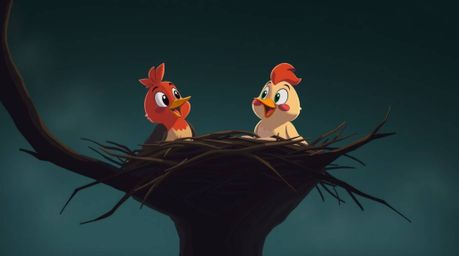 This high-resolution stock photo showcases two cartoon birds diligently building a nest in a classic animation style, present