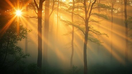 Capture the ethereal beauty of a misty forest at golden hour. This image features a soft, dreamy atmosphere with bright lens 
