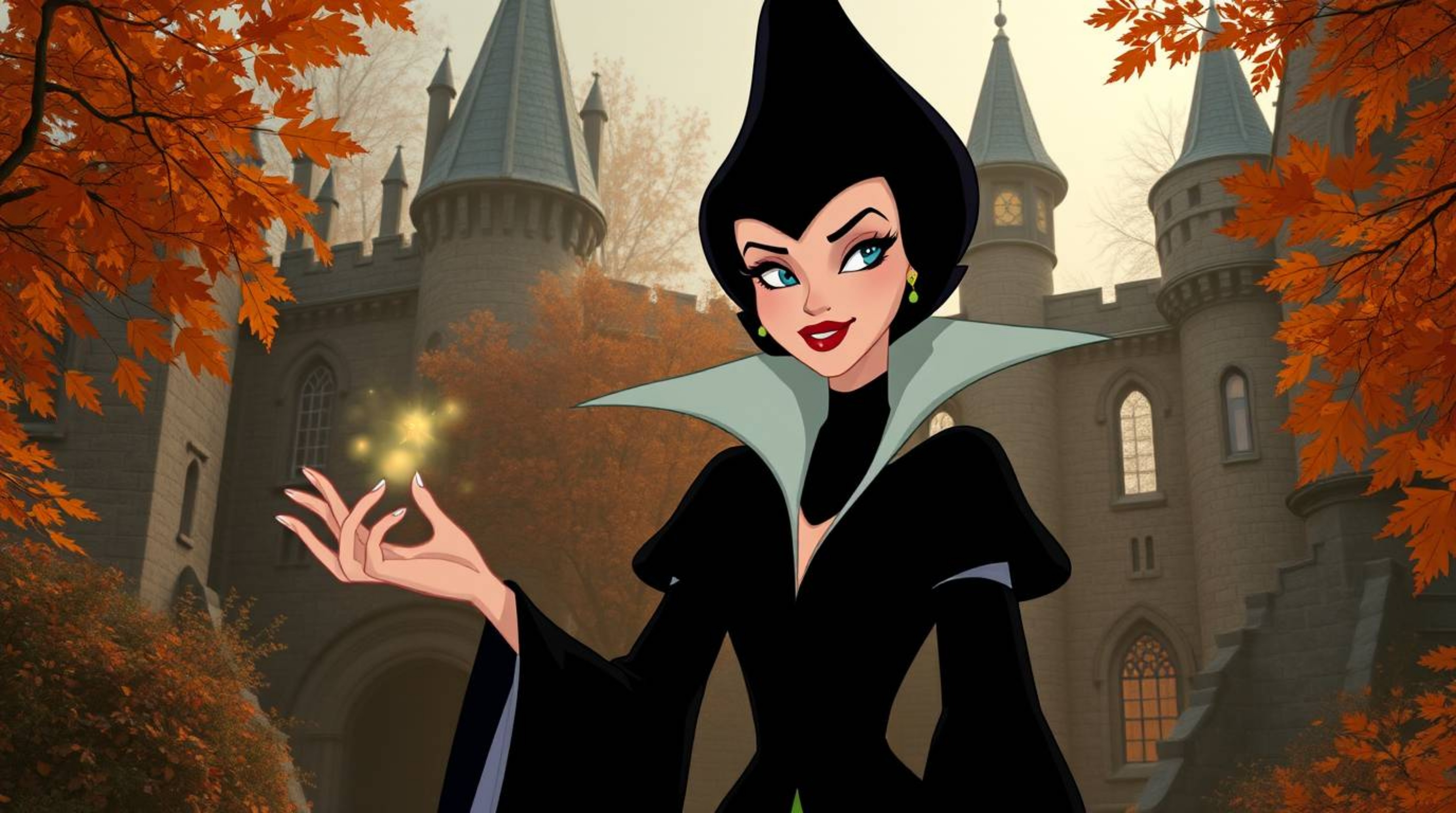 A graceful Disney villain, with refined features, casts a spell within the warm embrace of an old castle during a cozy autumn