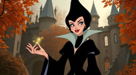 A graceful Disney villain, with refined features, casts a spell within the warm embrace of an old castle during a cozy autumn