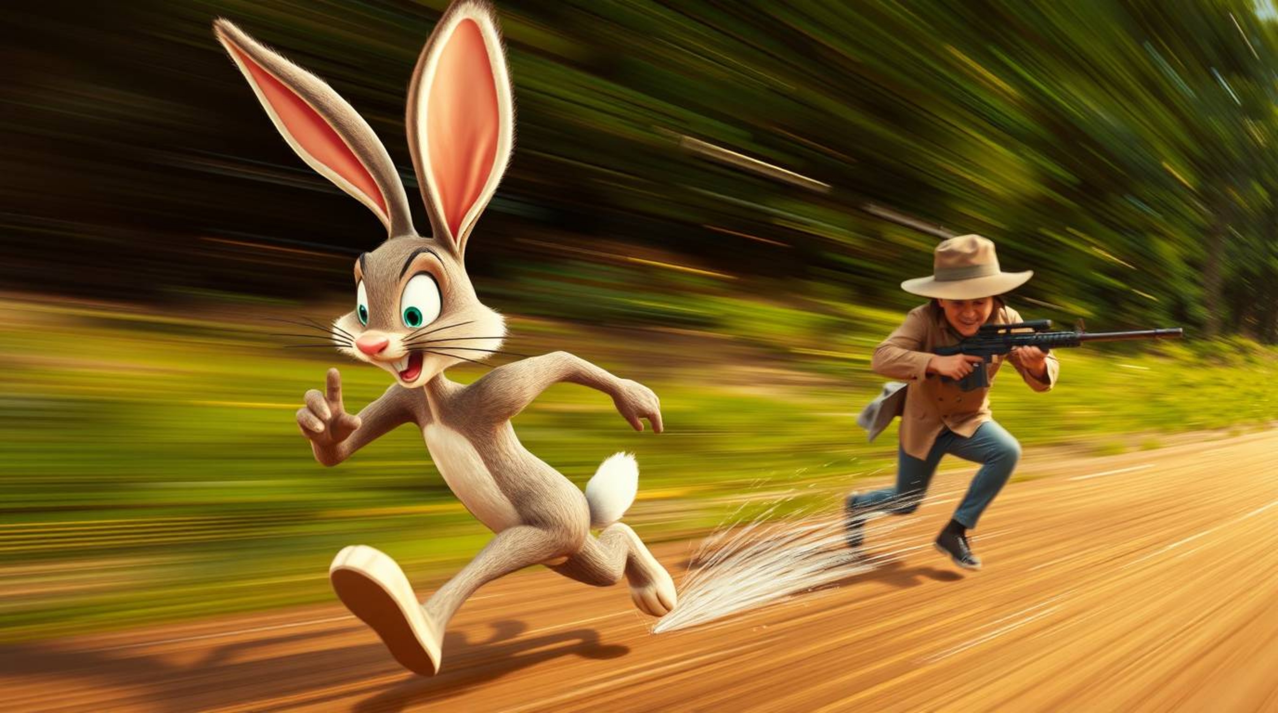 A high-energy scene of a wacky rabbit outrunning a hunter in a humorous chase, captured with dynamic motion lines and vibrant