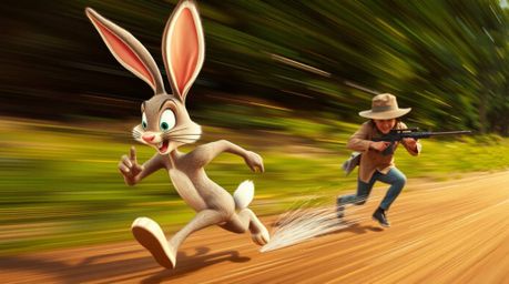 A high-energy scene of a wacky rabbit outrunning a hunter in a humorous chase, captured with dynamic motion lines and vibrant