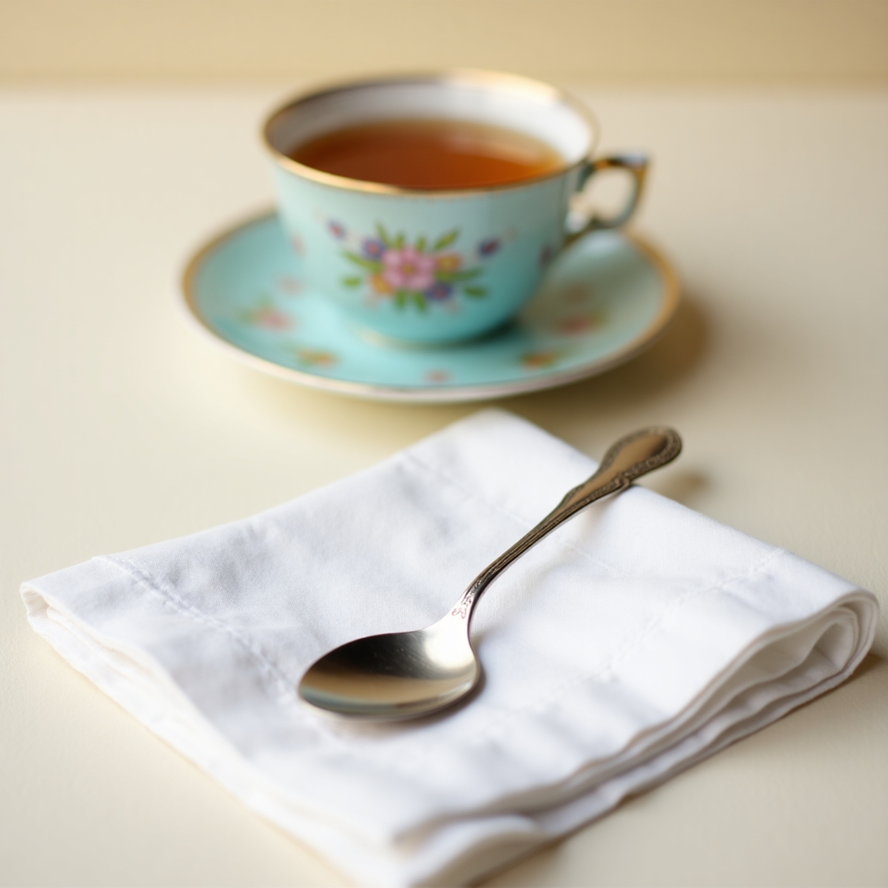 A captivating close-up captures the essence of warm, comforting elegance.  A highly detailed, reflective silver spoon rests o