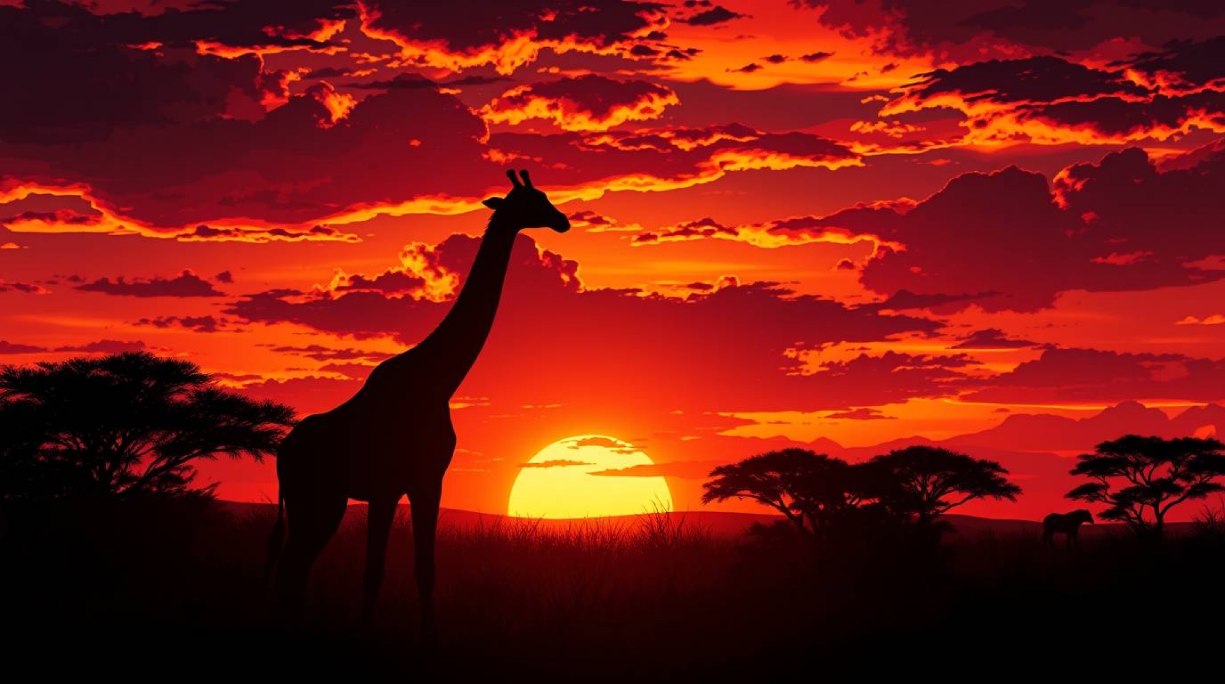This captivating artwork showcases an isekai anime-inspired scene of a high-contrast sunset over a savanna, featuring silhoue