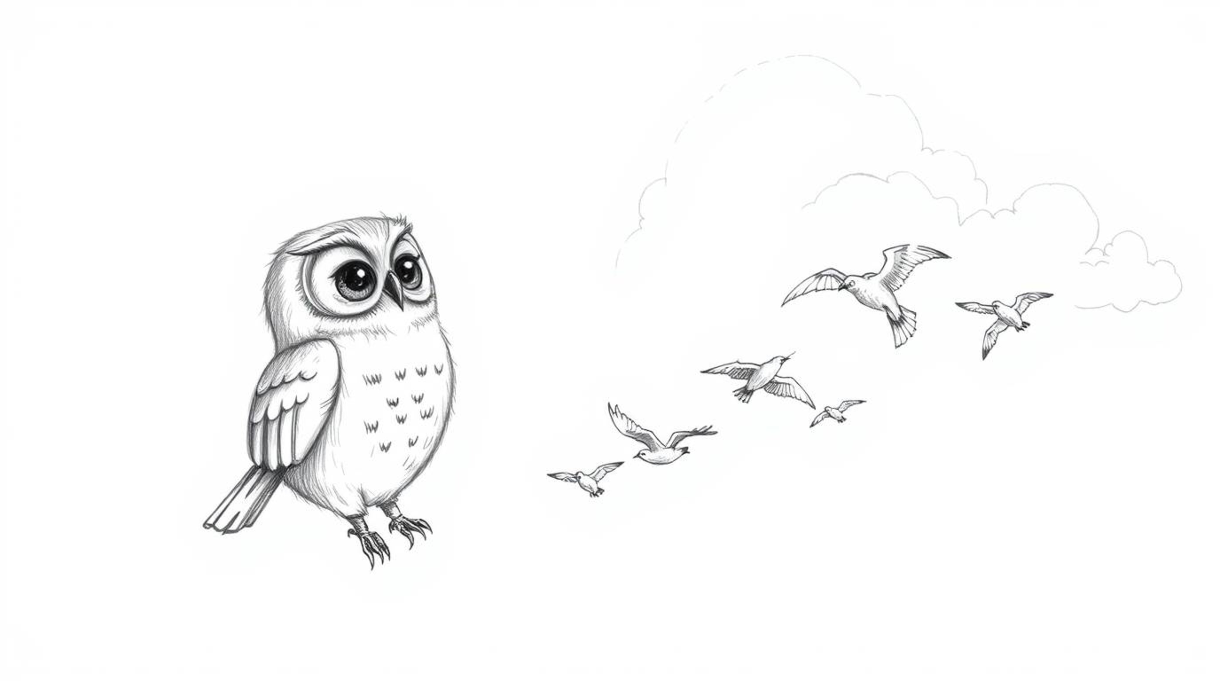 A heartwarming hand-drawn sketch in the style of Pixar showcases a blind owl with gentle feathers and captivating, expressive