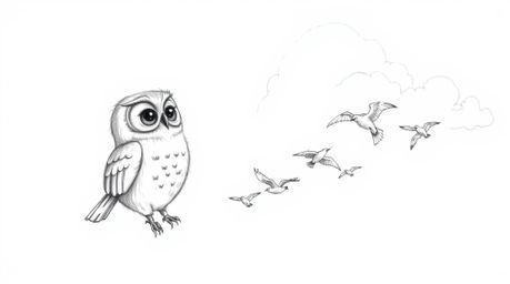 A heartwarming hand-drawn sketch in the style of Pixar showcases a blind owl with gentle feathers and captivating, expressive