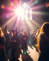 A captivating scene unfolds with bright lens flares creating a soft and dreamy atmosphere, depicting a magical school teeming