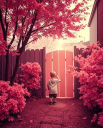 A captivating street photograph depicts a child's whimsical discovery of a magical portal in their backyard. Utilizing infra