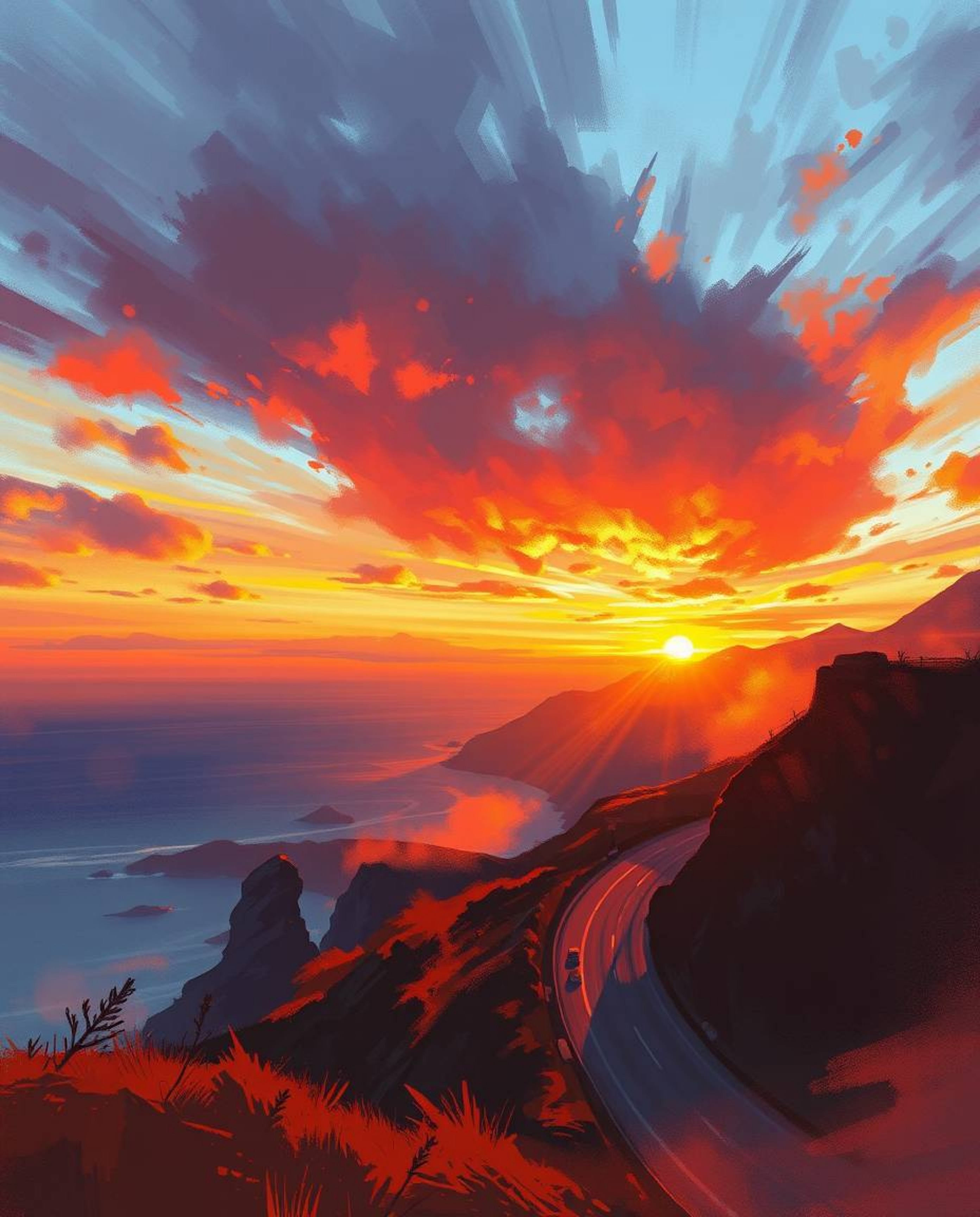 This dynamic digital sketch captures a sunset sky over a winding coastal highway using complementary epic colors and loose, p