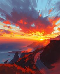 This dynamic digital sketch captures a sunset sky over a winding coastal highway using complementary epic colors and loose, p