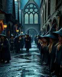 A captivating close-up fine art photograph depicts a magical school bustling with young wizards on a wet, rainy day.  The ima