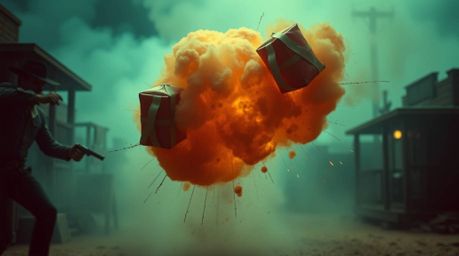 Experience a classic exploding TNT gag in the wild west, presented in a soft cinematic haze with rich, deep teal tones. This 