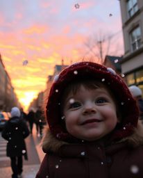 An adorable and charming candid street photograph captures a spontaneous moment of snowflakes falling in an urban scene durin