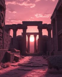 A surreal infrared image of an epic, grand, modern future scene, this artwork depicts a sunset casting shadows through ancien