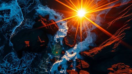 Experience the breathtaking view of intense jet black waves crashing against rugged cliffs under a blazing sunset. This overh