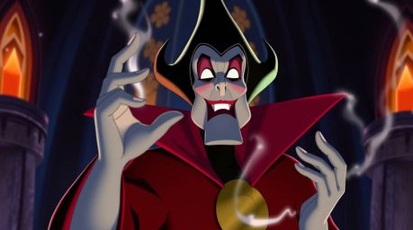 A classic Disney villain with sharp, angular features and fair skin is casting a spell in a high-contrast castle, employing v