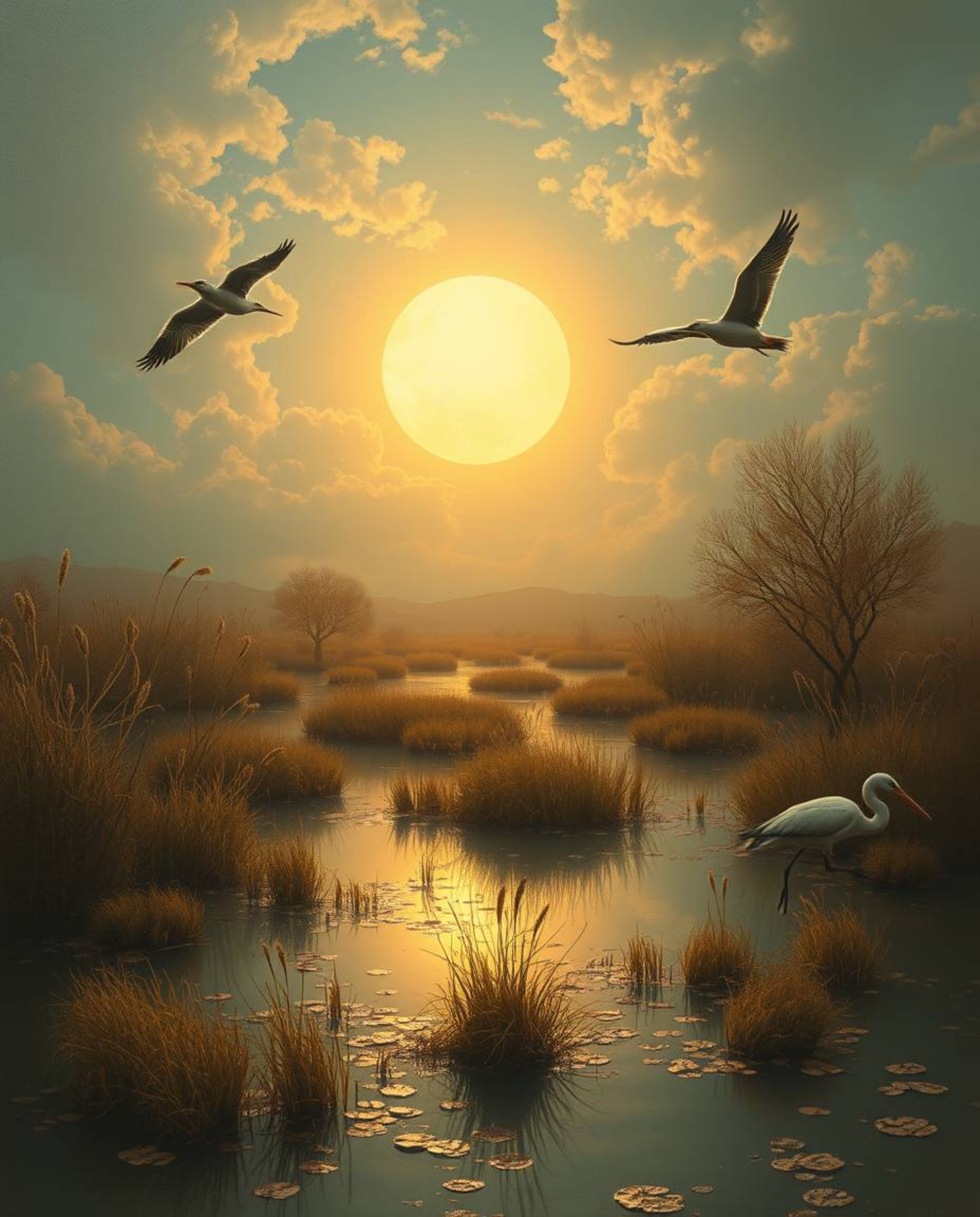 A surreal painting creating a dreamlike image of herons flying in a wetlands scene, bathed in warm golden hour light. This ar