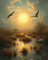 A surreal painting creating a dreamlike image of herons flying in a wetlands scene, bathed in warm golden hour light. This ar