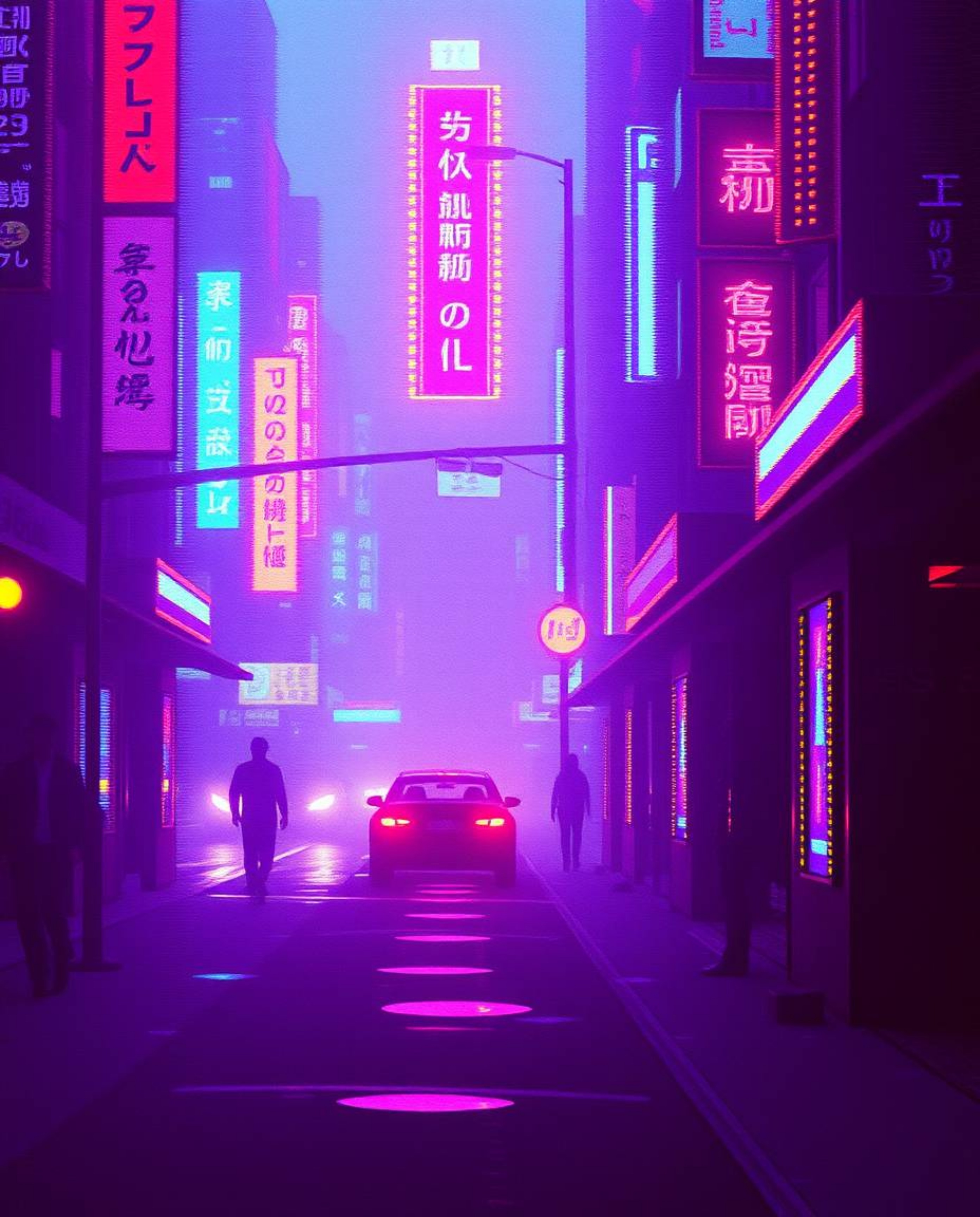 Immerse yourself in a pixelated glitch image of a cyberpunk street scene bathed in neon haze. This artwork features strong, h