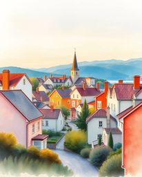 An elegant watercolor painting capturing the peaceful ambiance of a sleepy town, featuring pastel-colored houses bathed in th