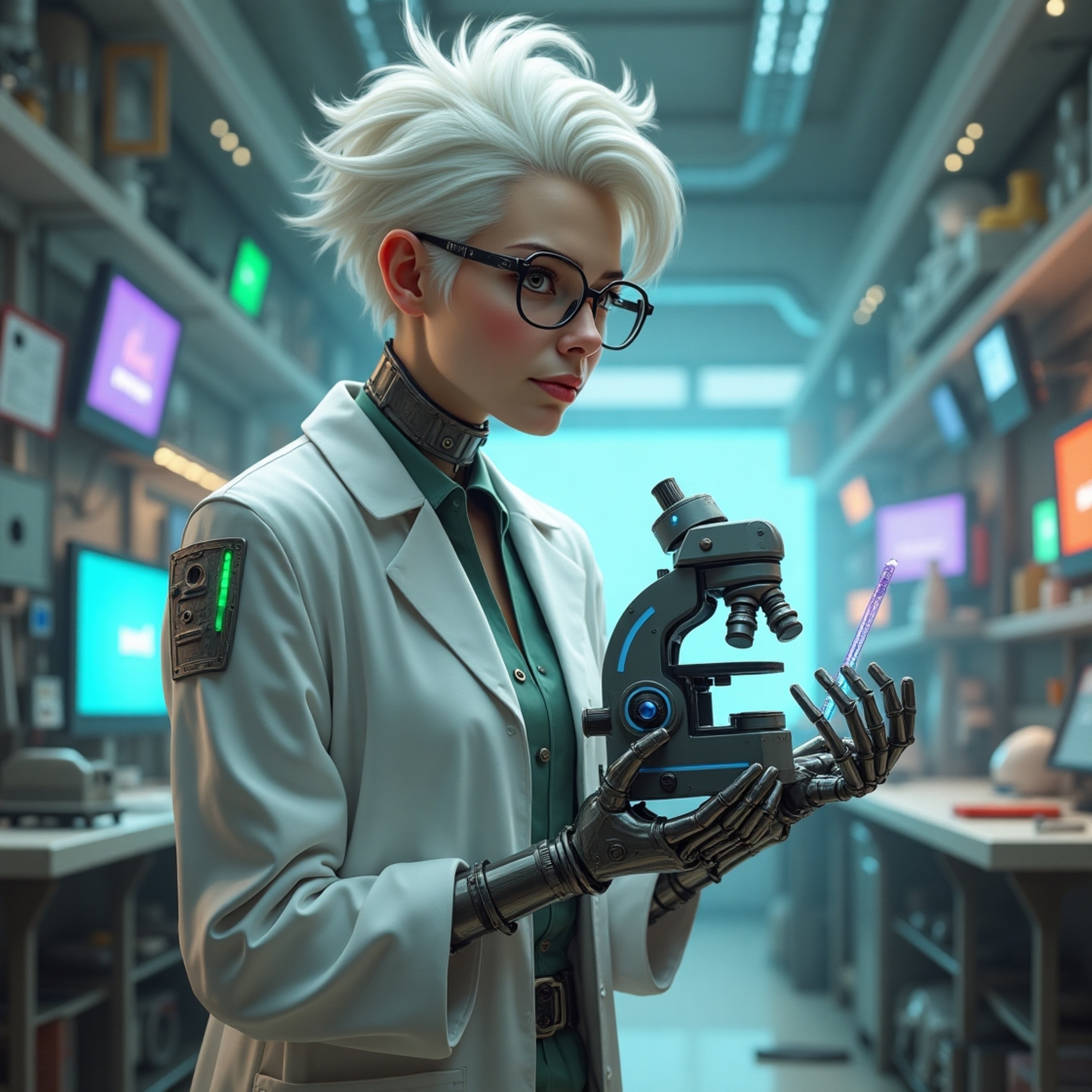 A bespectacled futuristic scientist, sporting spiky white hair and robotic arms, is deeply engrossed in groundbreaking resear