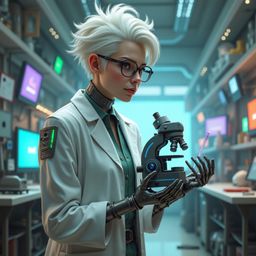 A bespectacled futuristic scientist, sporting spiky white hair and robotic arms, is deeply engrossed in groundbreaking resear