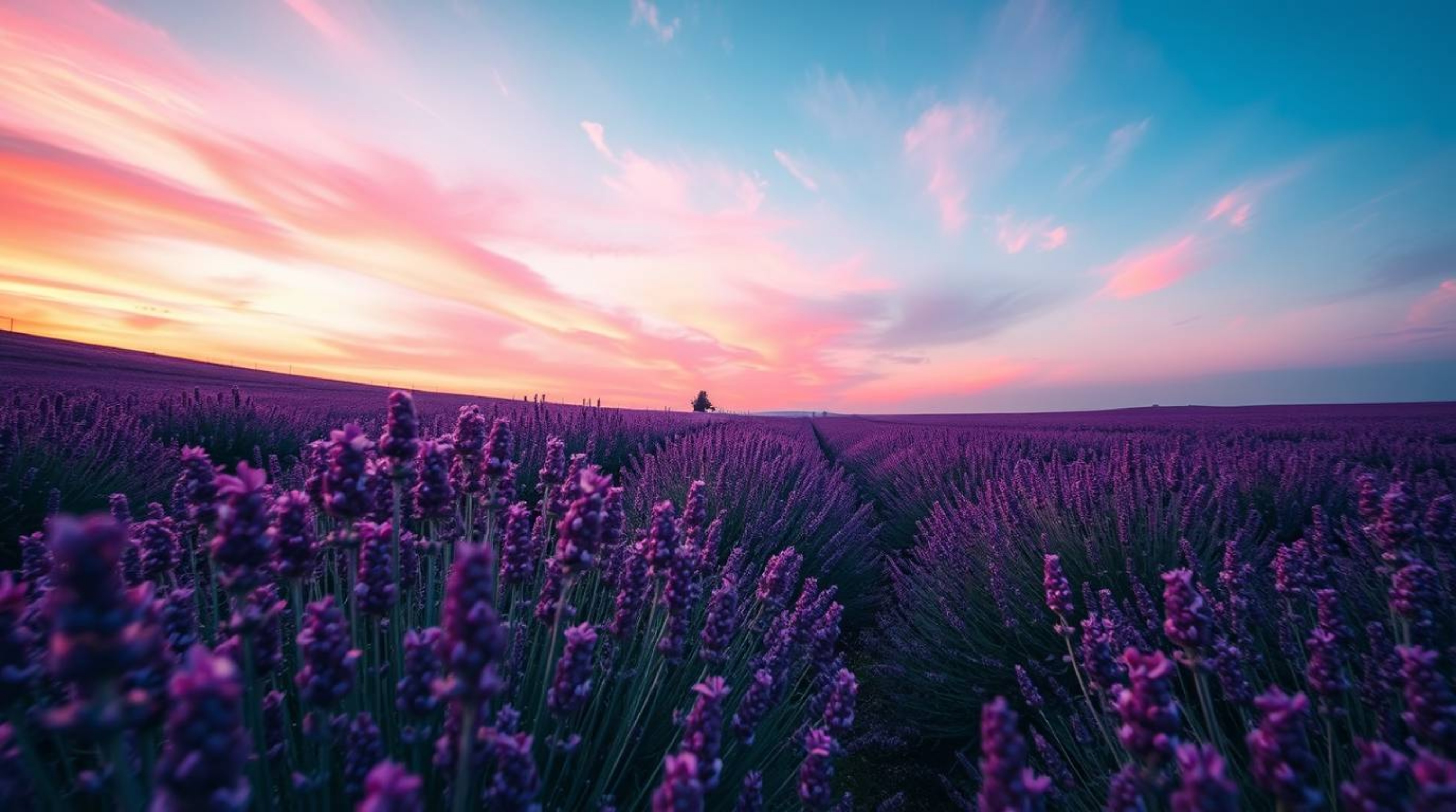 Experience the magic of a vibrant lavender field bathed in the soft glow of a dreamy pink sky. This low-angle perspective cap