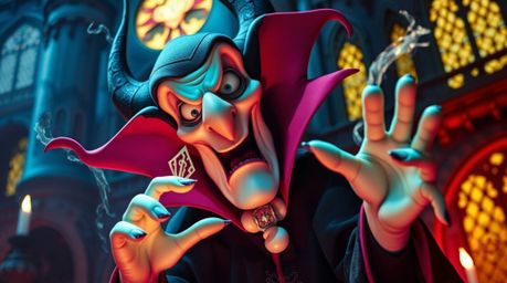 A captivating fine art photograph depicts a classic Disney villain with exaggerated features and pale skin, casting a spell w