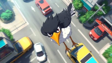 Experience a vibrant and dynamic overhead view reminiscent of Isekai anime, featuring a fast-running bird with expressive fea