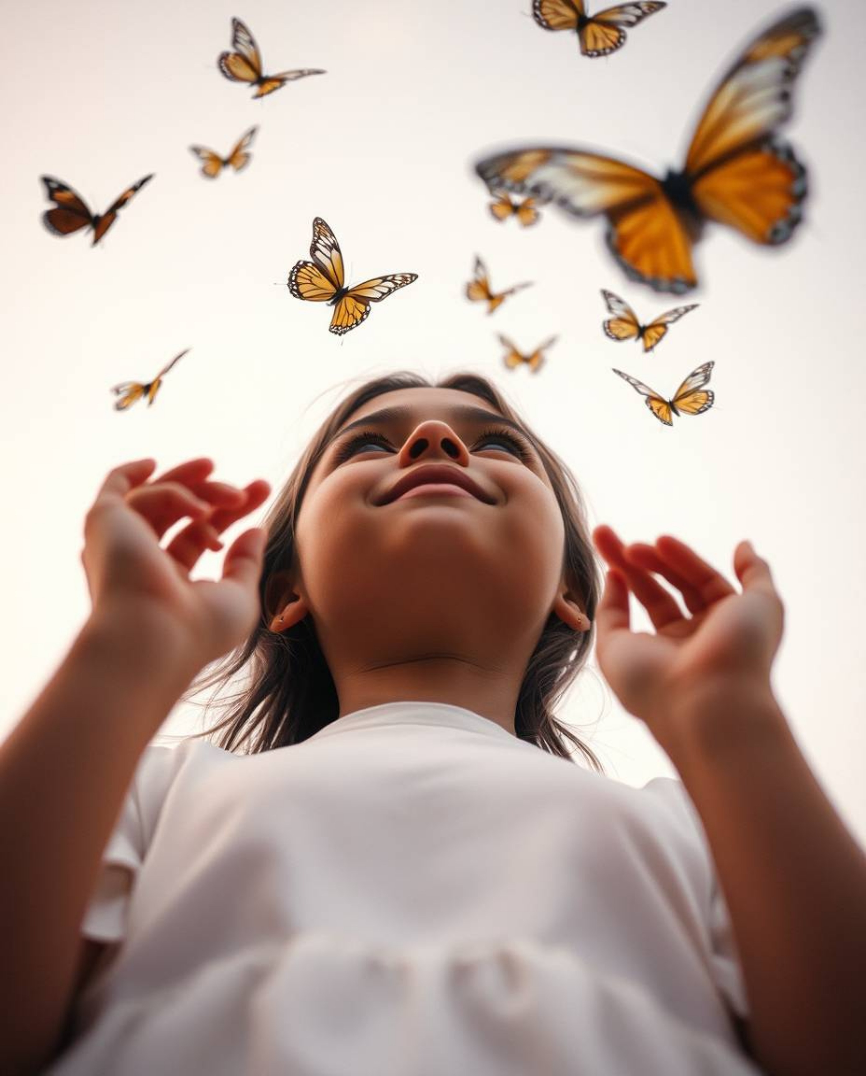 Capture a serene moment with a low-angle perspective of a girl with olive skin releasing butterflies into the air. The scene 