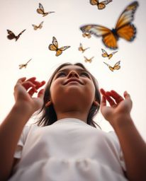 Capture a serene moment with a low-angle perspective of a girl with olive skin releasing butterflies into the air. The scene 