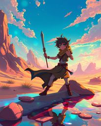Embark on a vibrant, otherworldly adventure with a brave hero in this isekai anime-style desert landscape.  Inspired by Disne