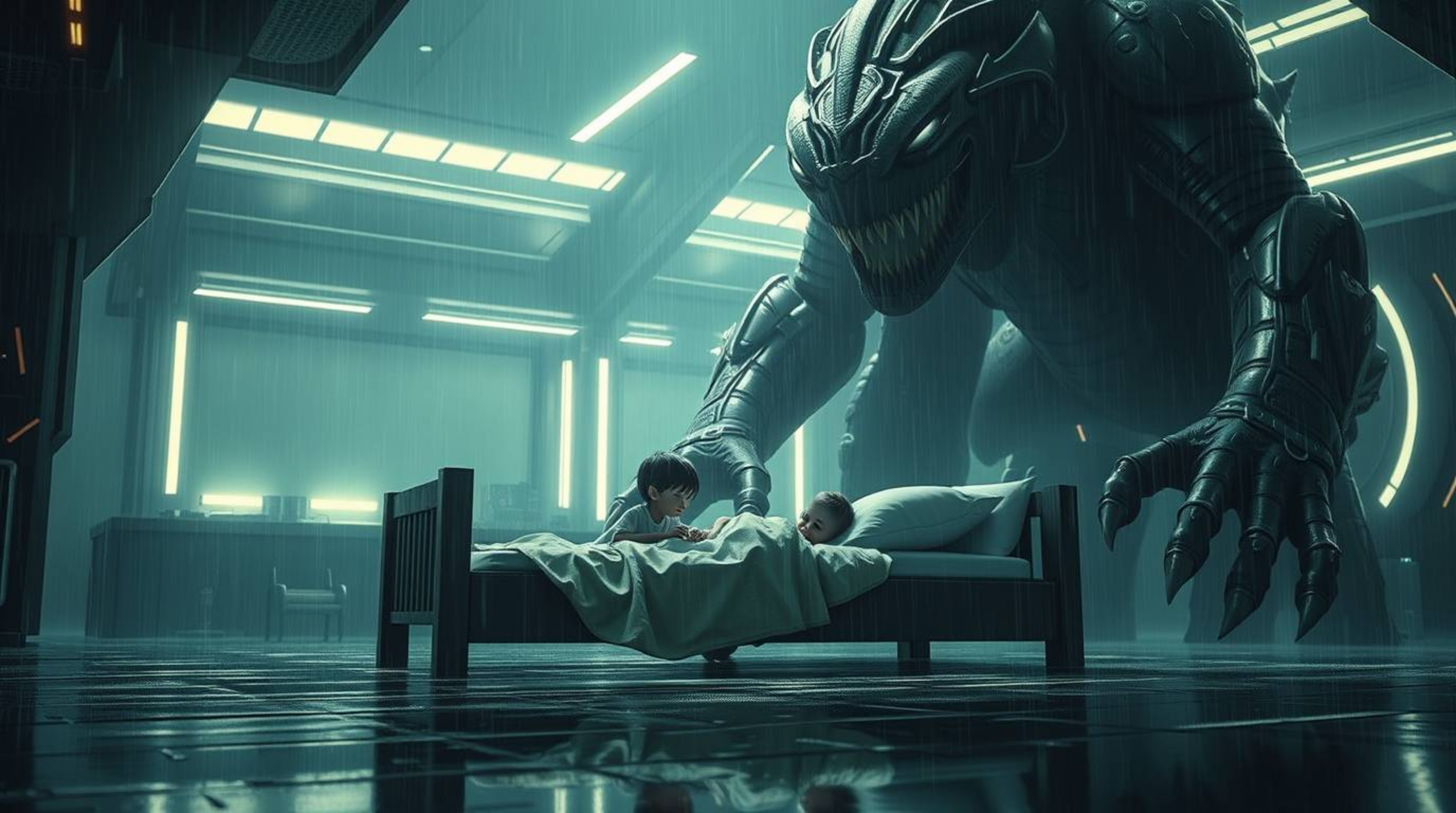 Discover an epic, modern futuristic scene where a child develops an unlikely friendship with a monster under their bed during
