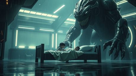 Discover an epic, modern futuristic scene where a child develops an unlikely friendship with a monster under their bed during