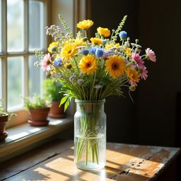 A slender, intricately etched glass vase, overflowing with vibrant wildflowers in yellow, blue, and pink hues, graces a worn 