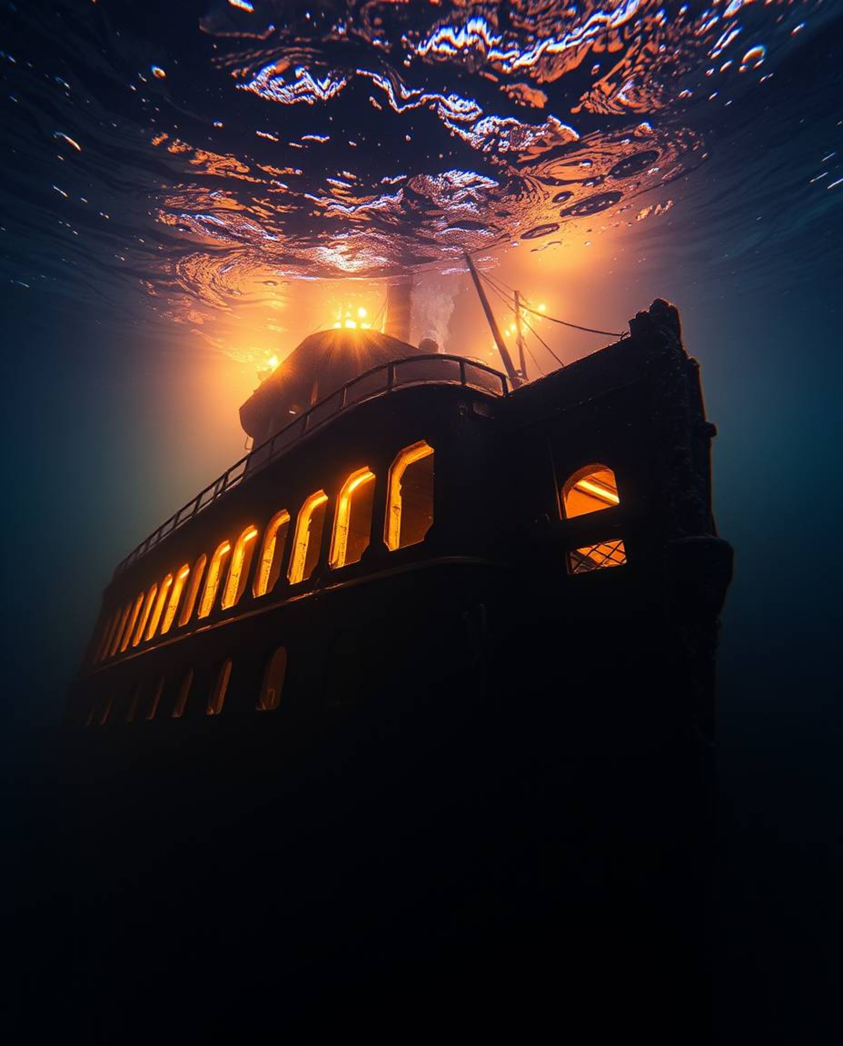 Explore this high-resolution stock photo capturing the mesmerizing beauty of a shipwreck bathed in a warm, golden light deep 