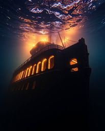 Explore this high-resolution stock photo capturing the mesmerizing beauty of a shipwreck bathed in a warm, golden light deep 