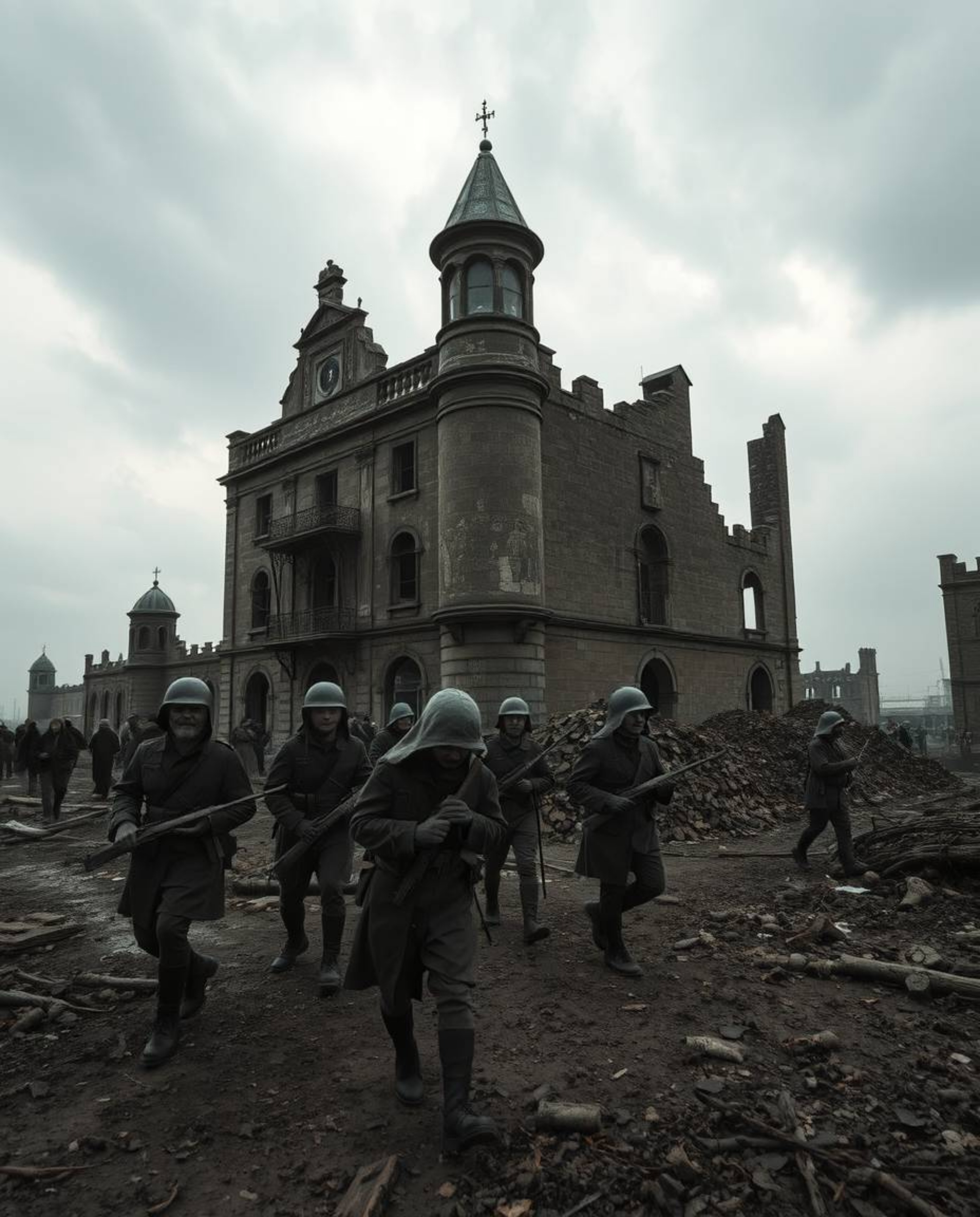 Explore a haunting and surreal battlefield scene captured in candid street photography style. This image depicts time-warped 
