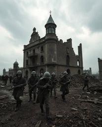 Explore a haunting and surreal battlefield scene captured in candid street photography style. This image depicts time-warped 