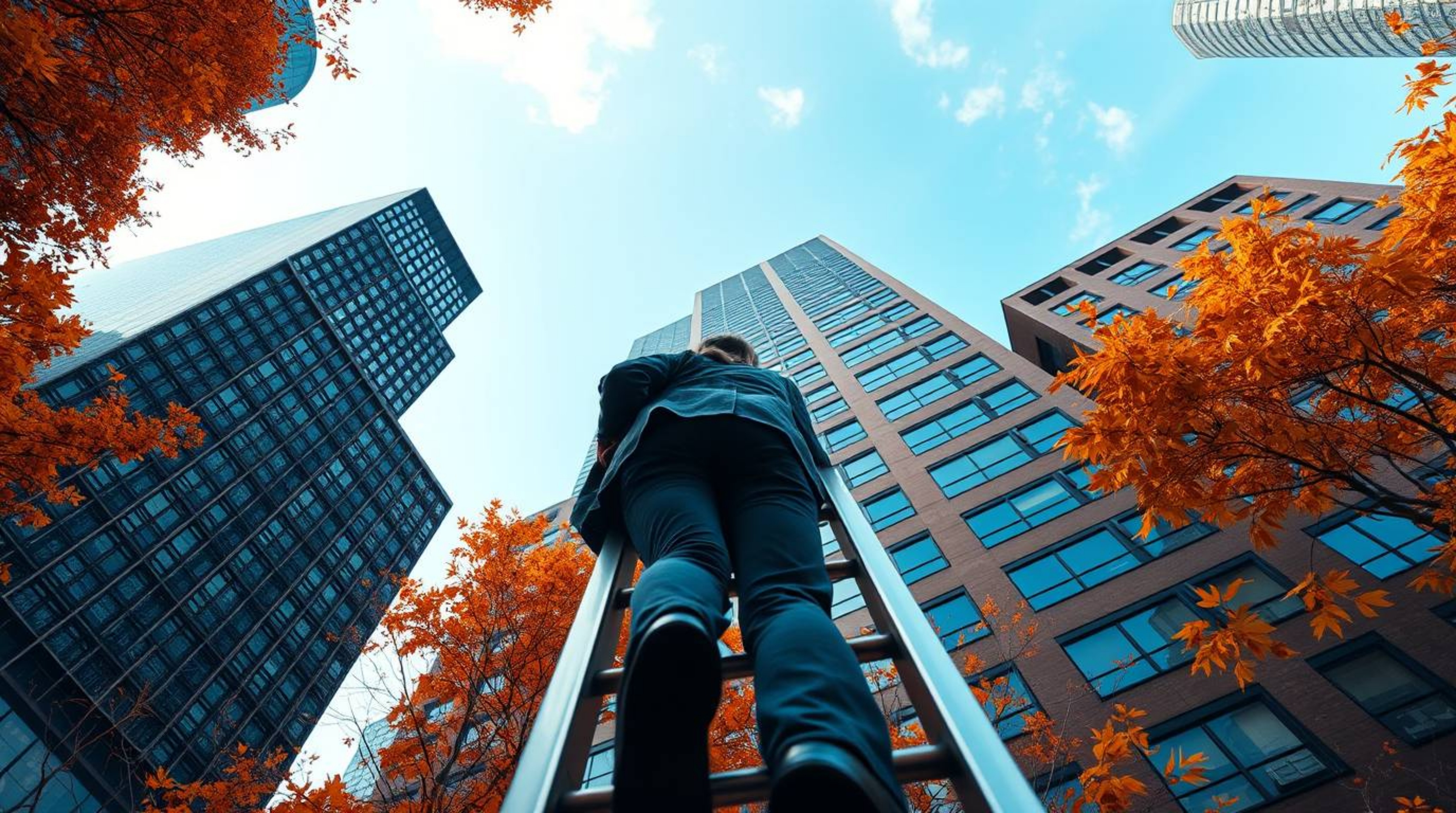 A dramatic low-angle shot depicts a businessperson ascending a transparent ladder that disappears into a vibrant blue sky abo