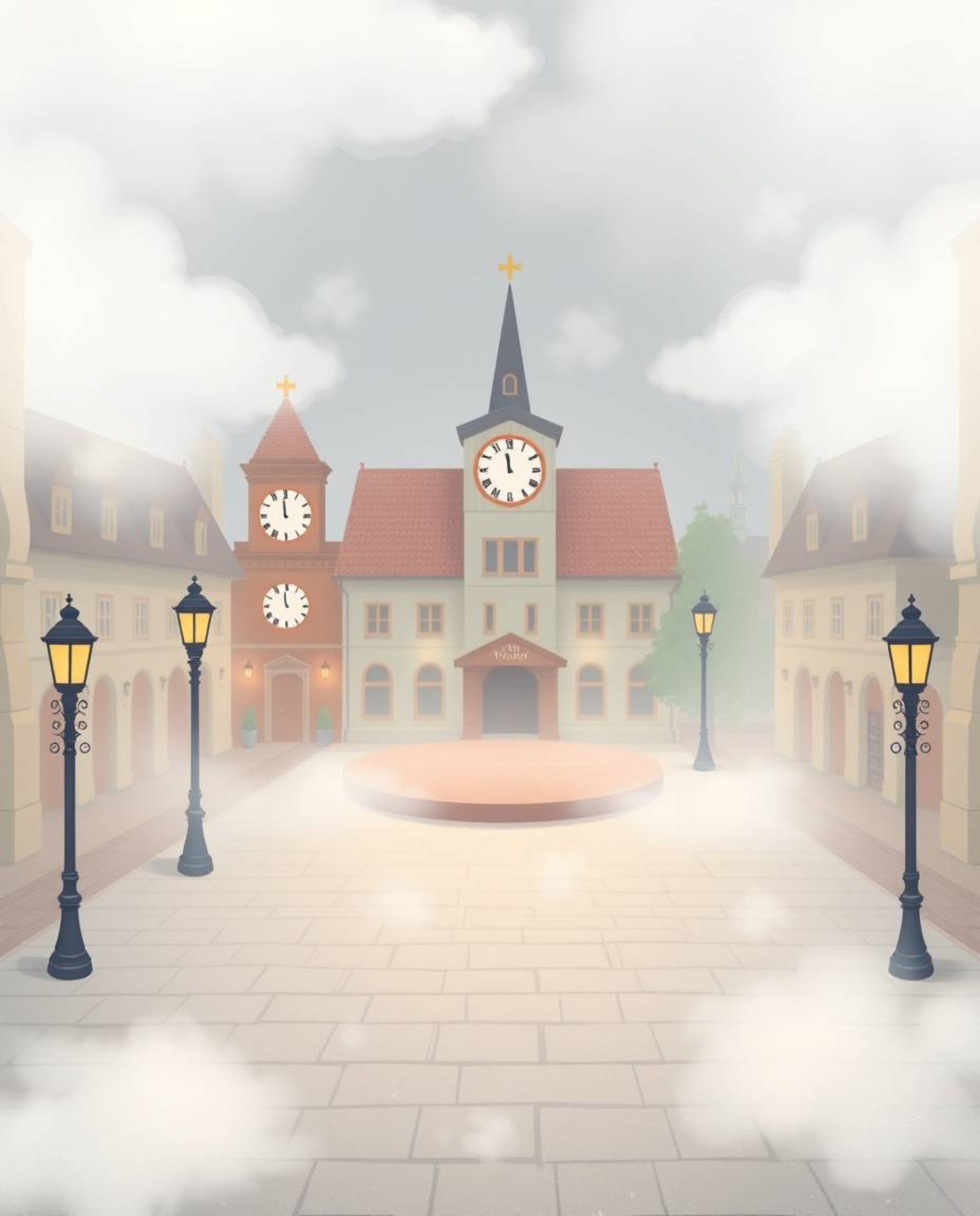 An adorable illustration depicts a charming, empty town square dominated by the sound of ticking clocks. The scene is rendere