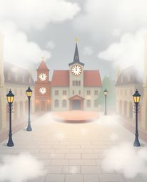 An adorable illustration depicts a charming, empty town square dominated by the sound of ticking clocks. The scene is rendere