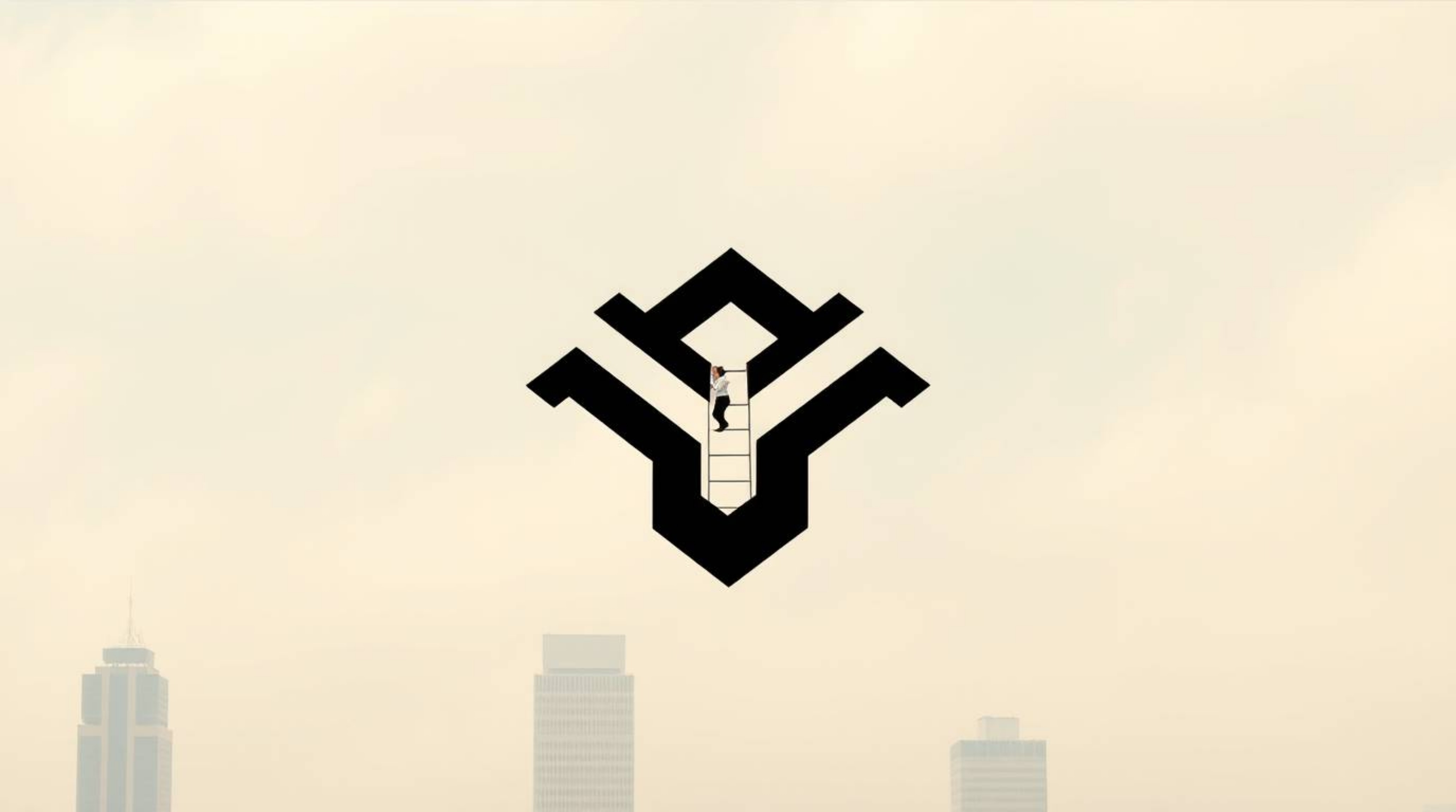 An inspiring image depicting a businessperson ascending a transparent ladder into a hazy sky above skyscrapers. The scene ev