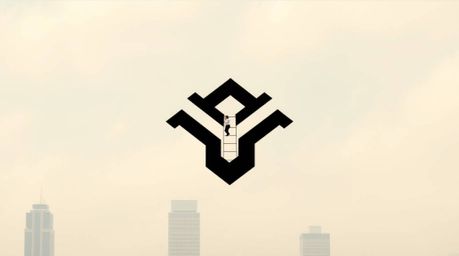 An inspiring image depicting a businessperson ascending a transparent ladder into a hazy sky above skyscrapers.  The scene ev
