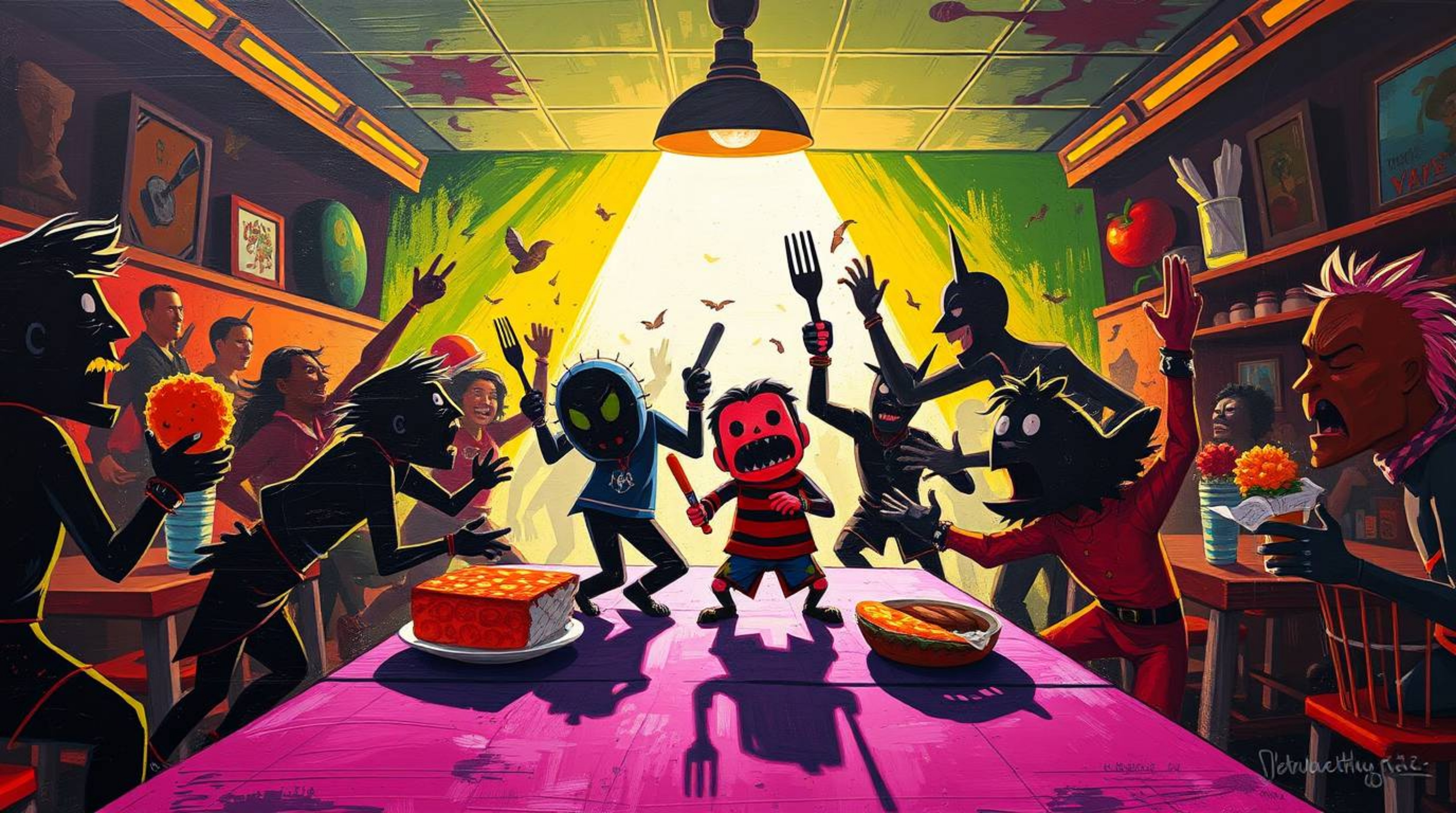 A bold acrylic painting captures the chaotic energy of a wild food fight in a cartoon cafeteria setting. Silhouetted figures 